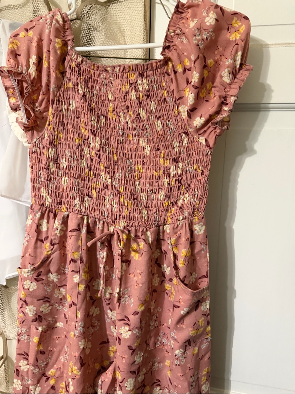 Girls' Rose Pink Floral Smocked One-Piece Romper